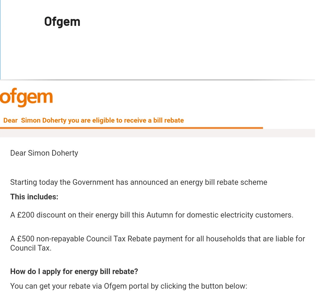 OFGEM Rebate Scam Email for a £200 rebate on electricity and a £500 rebate on Council Tax