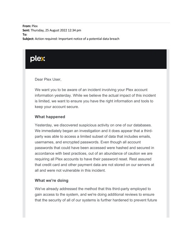 Plex Account Data Breach Email - plex.tv link login code sign in