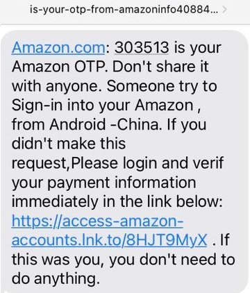 An Amazon OTP Scam Text Message Sample