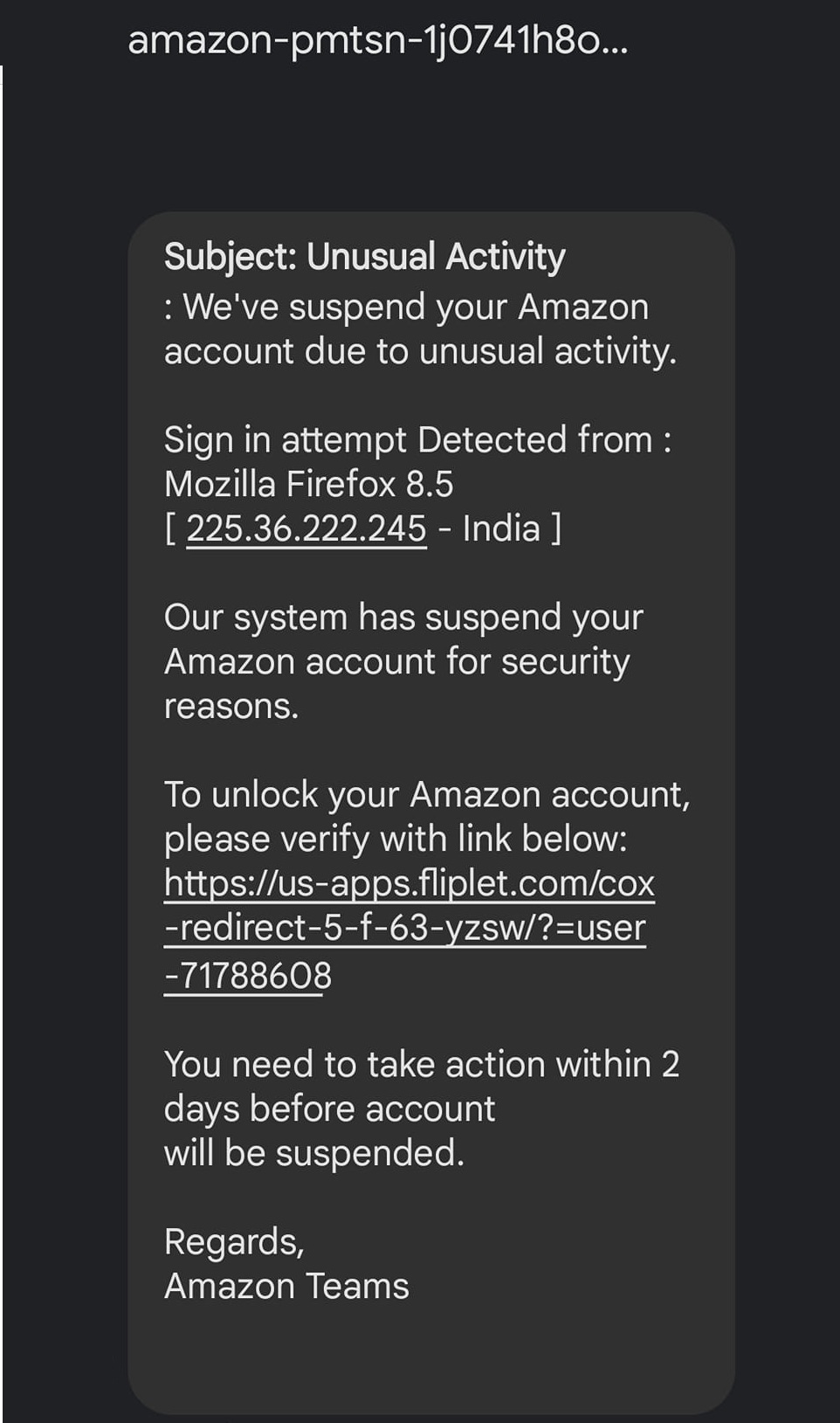 Amazon Account Terminated Scam Text 