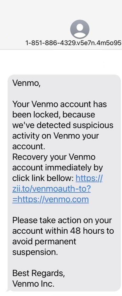 Text From Venmo Scam - Suspicious Activity Account Locked