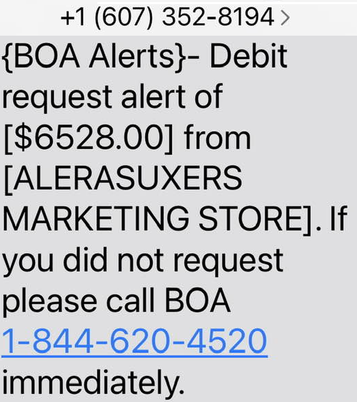 BOA Alerts Scam Debit Request Transfer Charge Text Messages