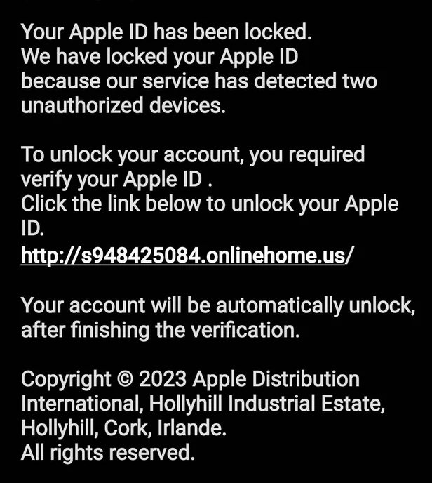 onlinehome.us Scam Text - Your Apple ID has been Locked