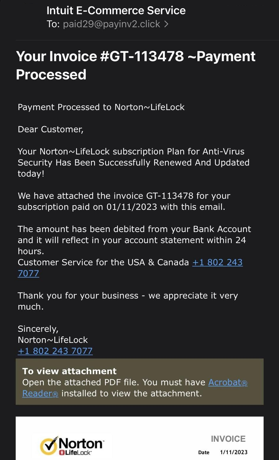 Intuit Norton Scam Email