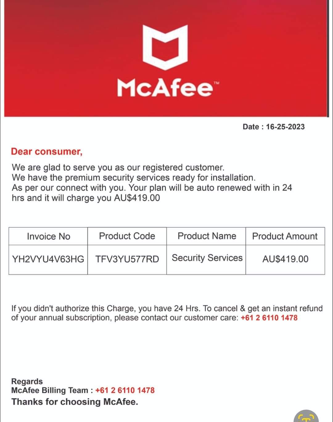 McAfee Scam Invoice