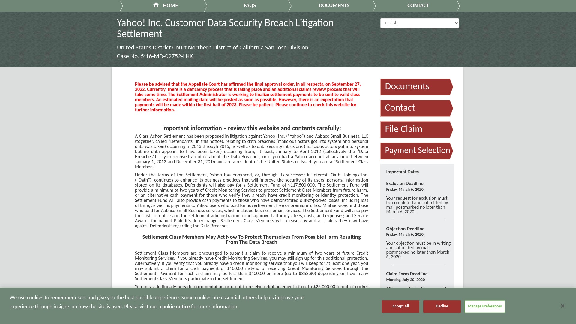 Yahoo Data Breach Settlement Website