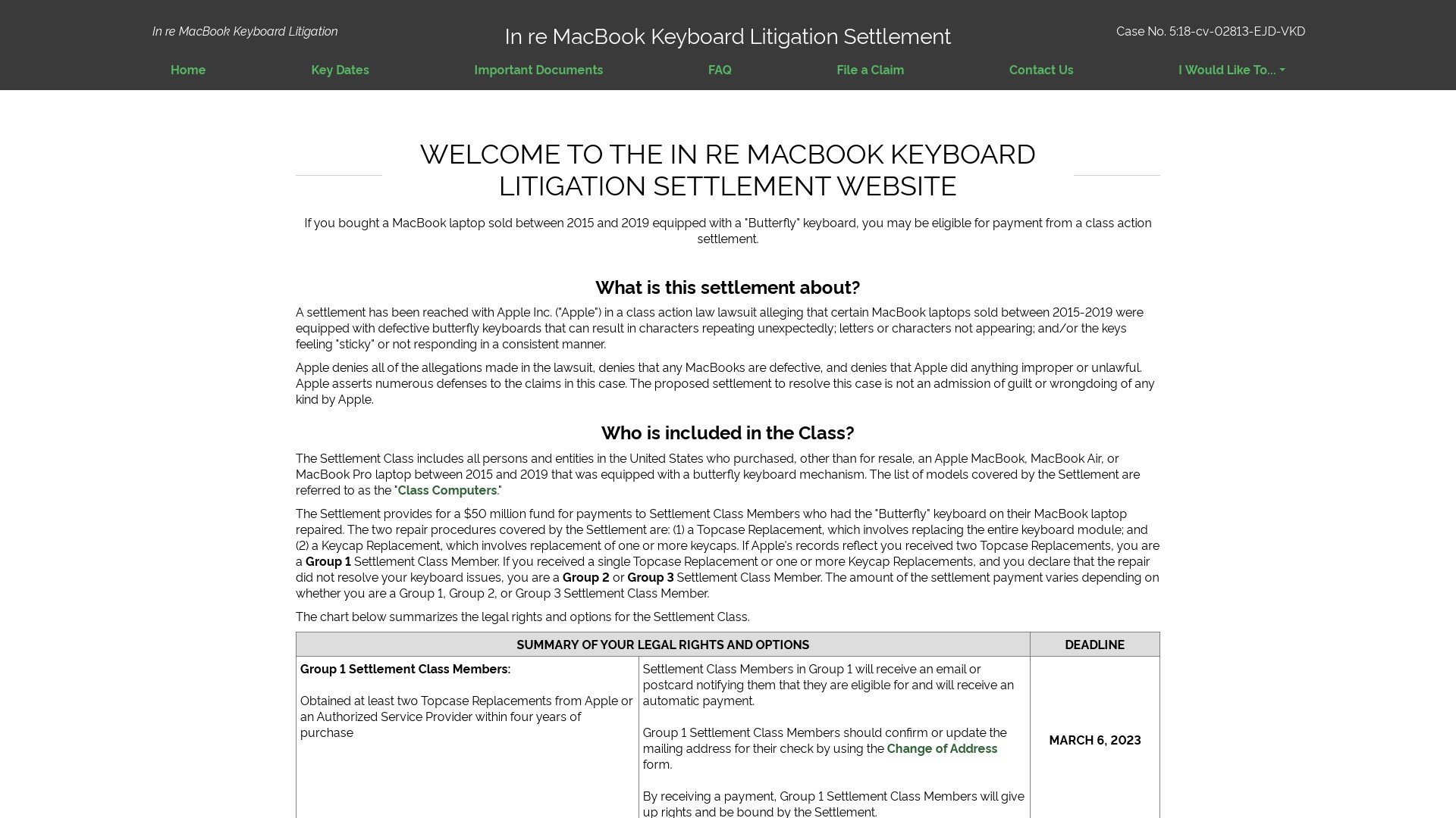 Macbook Keyboard Litigation Settlement at www.keyboardsettlement.com