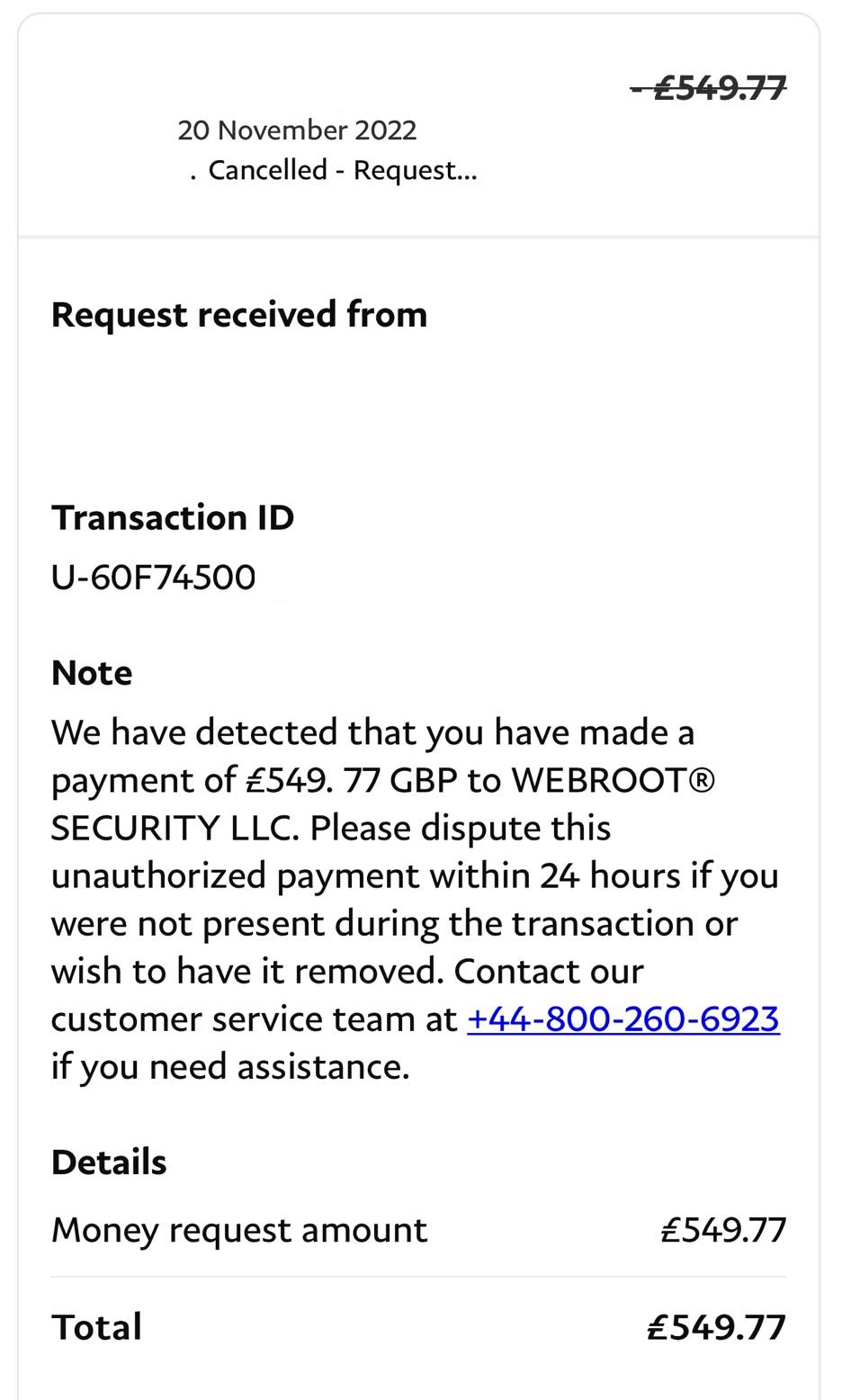 PayPal LLC Scam Email Message