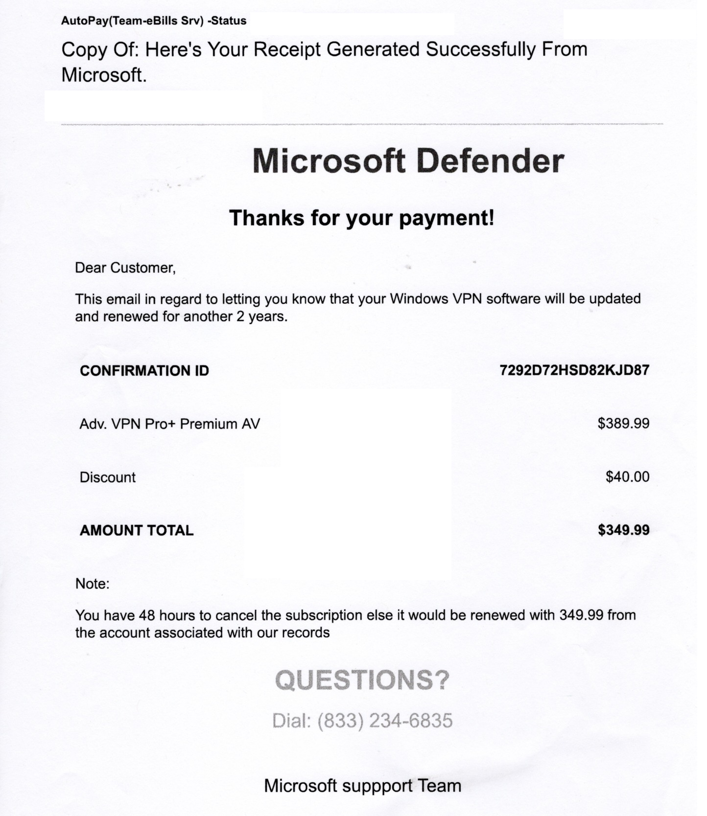 Windows Defender Email Scam