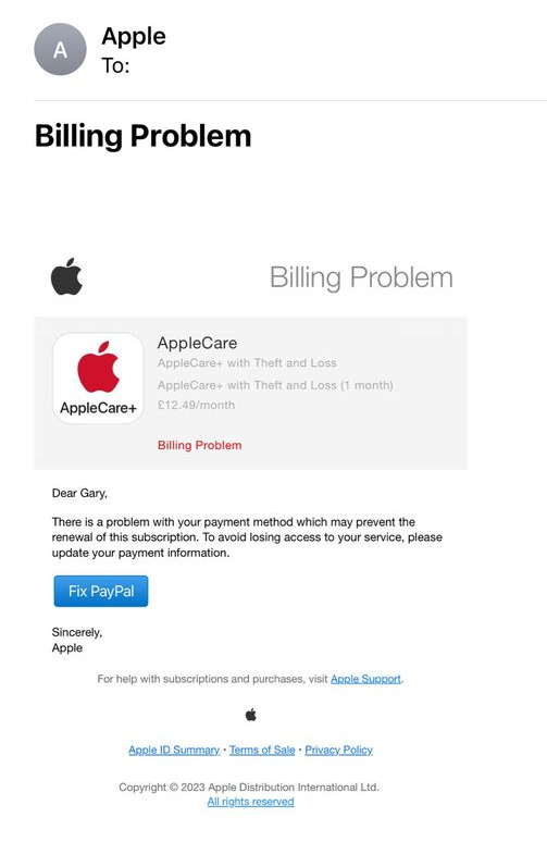 Apple Billing Problem Scam Email