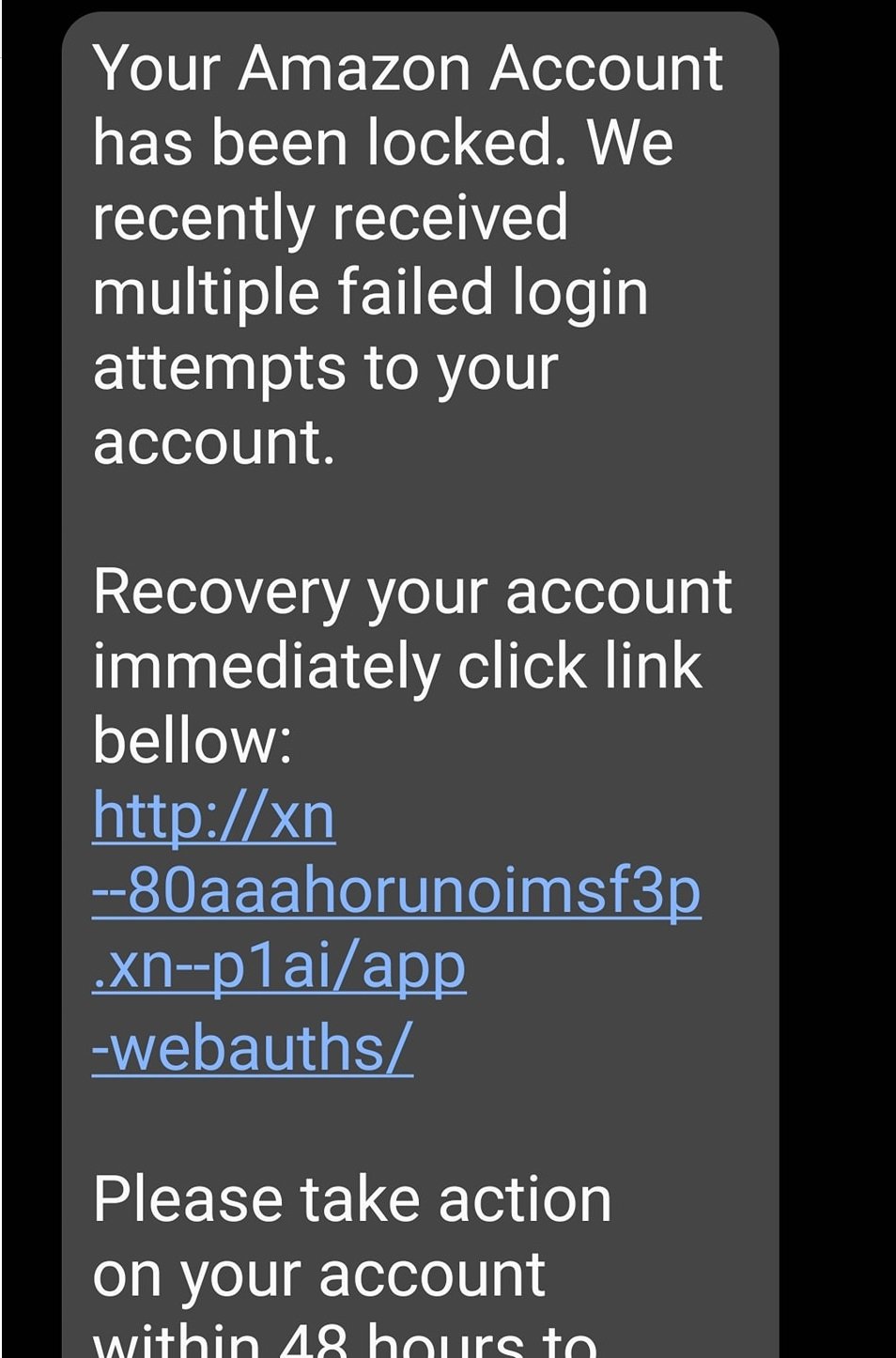 Amazon Account Locked and Failed Login Attempts Text Message