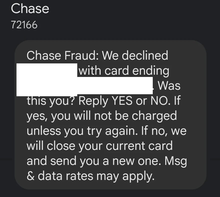 A Text Message from 72166 Chase Fraud