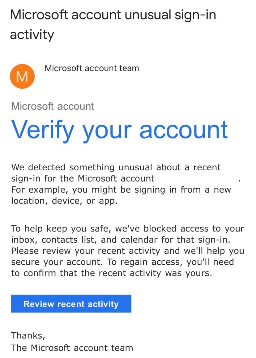 The Microsoft Unusual Sign in Activity Scam Email