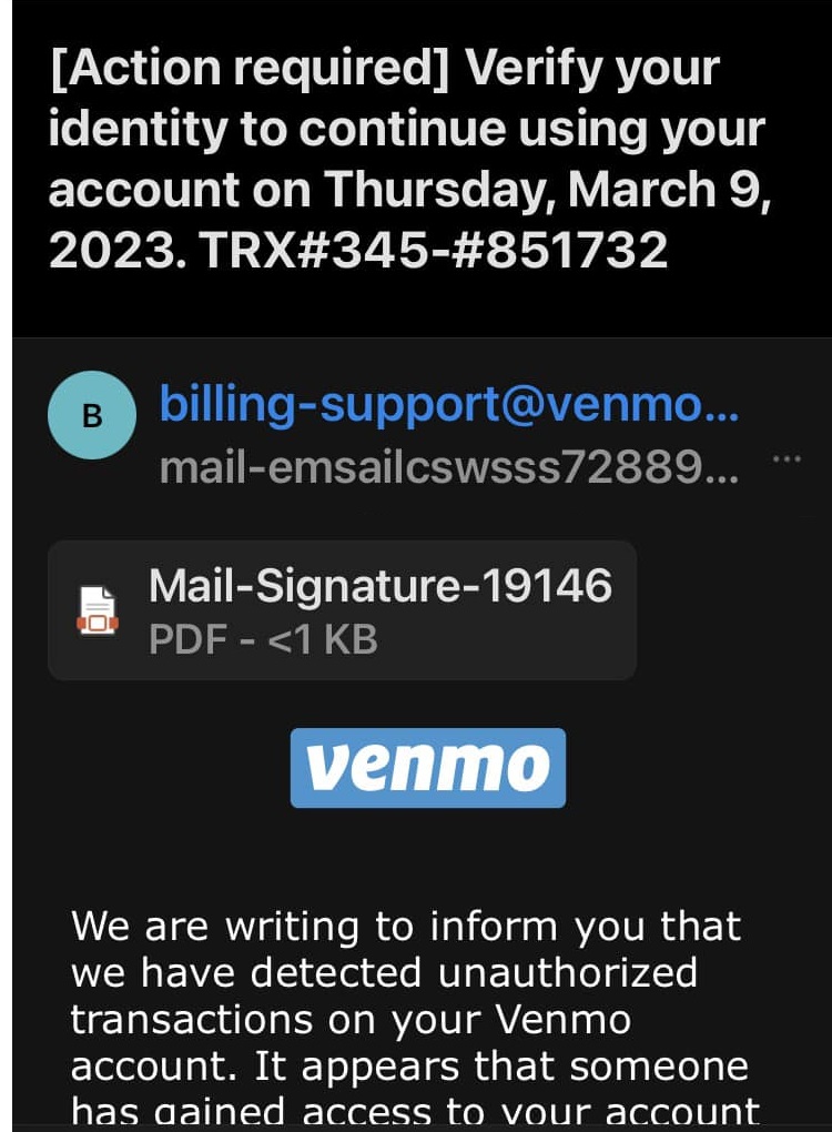 Venmo Scam Email Action Required to Verify Your Identity