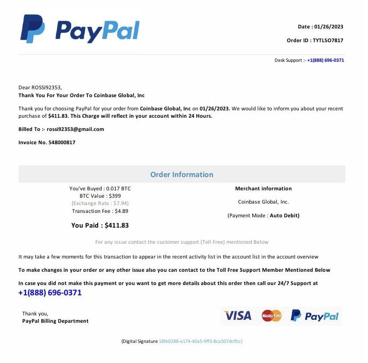 Coinbase Global PayPal Scam Purchase Payment Email