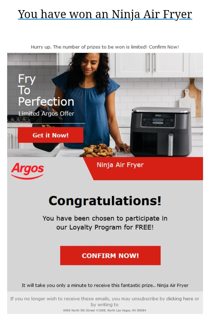 Argos Scam Emails - Ninja Air Fryer Giveaway