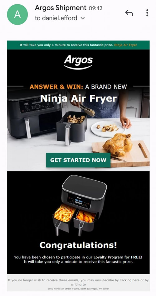 Argos Scam Emails - Ninja Air Fryer Giveaway