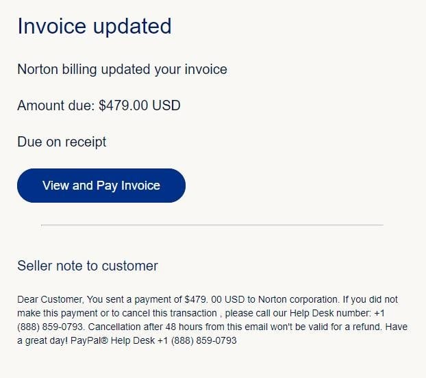 Norton Corporation PayPal Scam Email Invoice - 888-859-0793