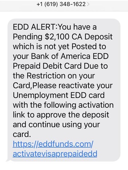 Bank of America Prepaid Card Scam Text