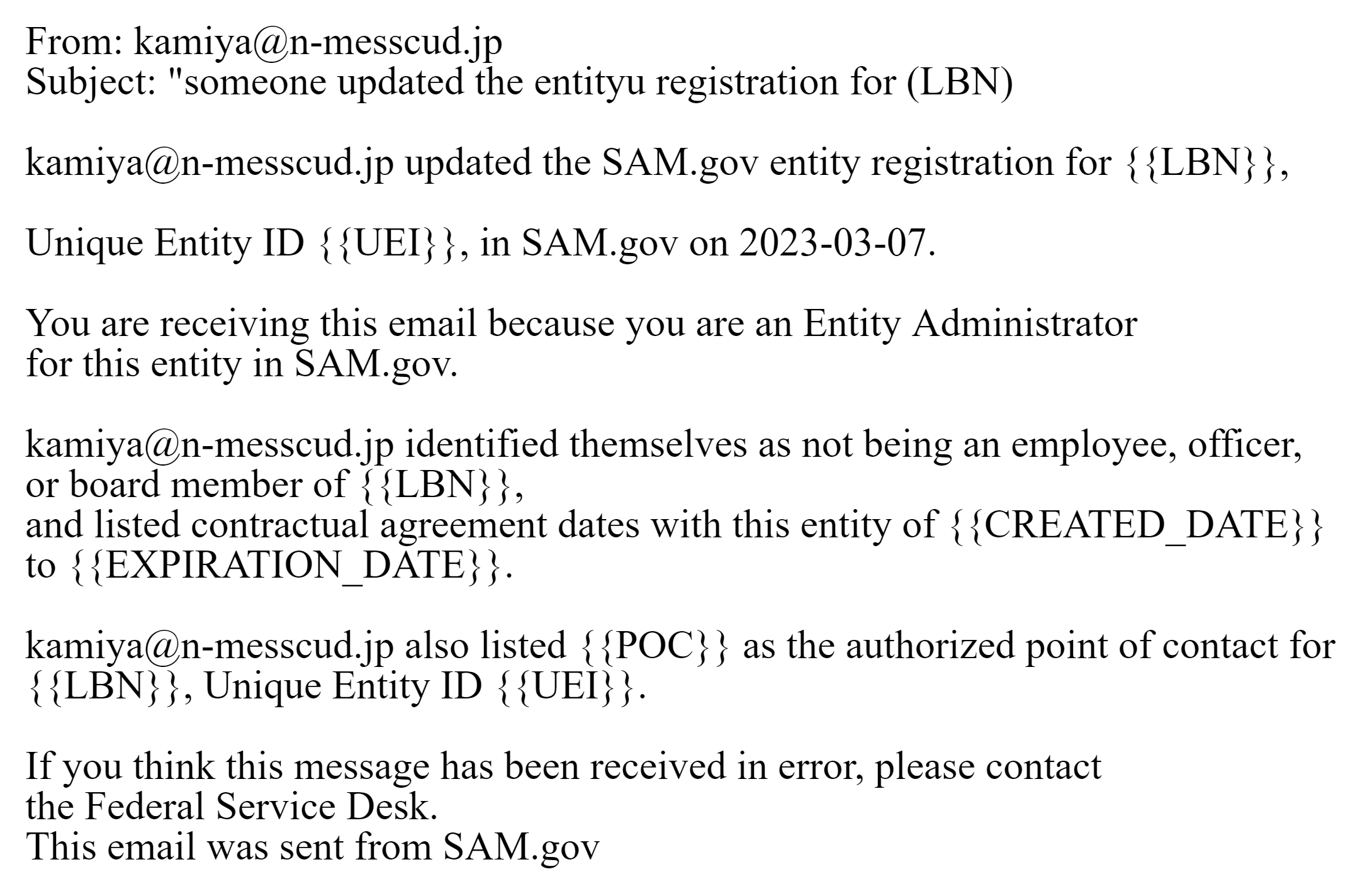 kamiya@n-messcud.jp SAM.gov Entity Registration Scam Email