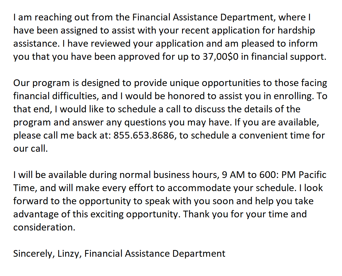 A Financial Assistance Department Scam Email