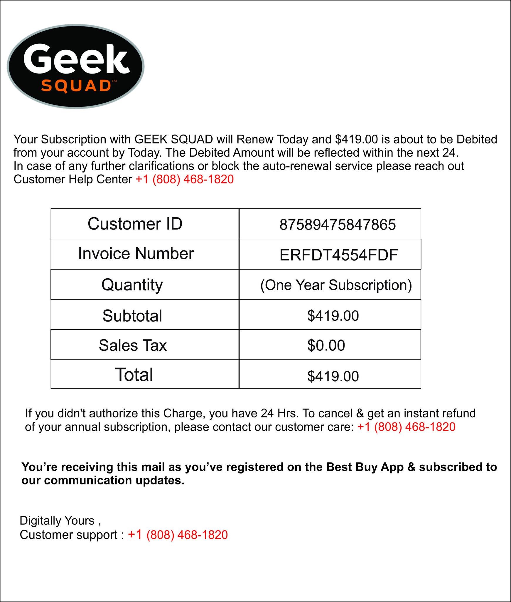 Geek Squad Billing Scam Email Renewal Subscription Invoice