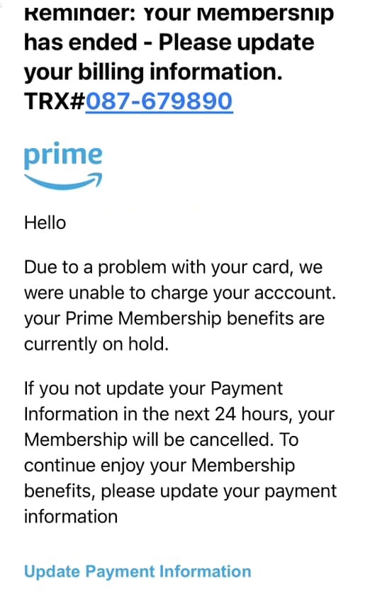 Amazon Prime Help Support Email Scam