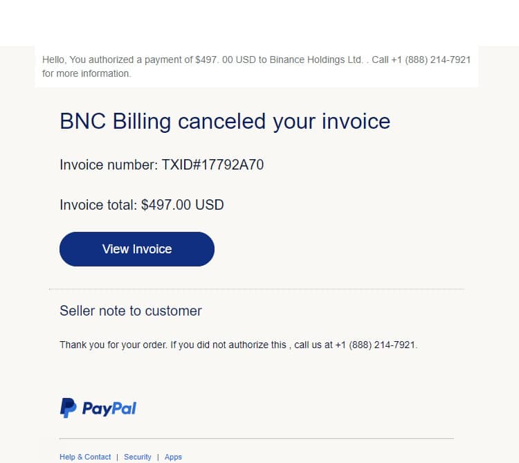 BNC Billing PayPal Binance Holdings Canceled Invoice Scam