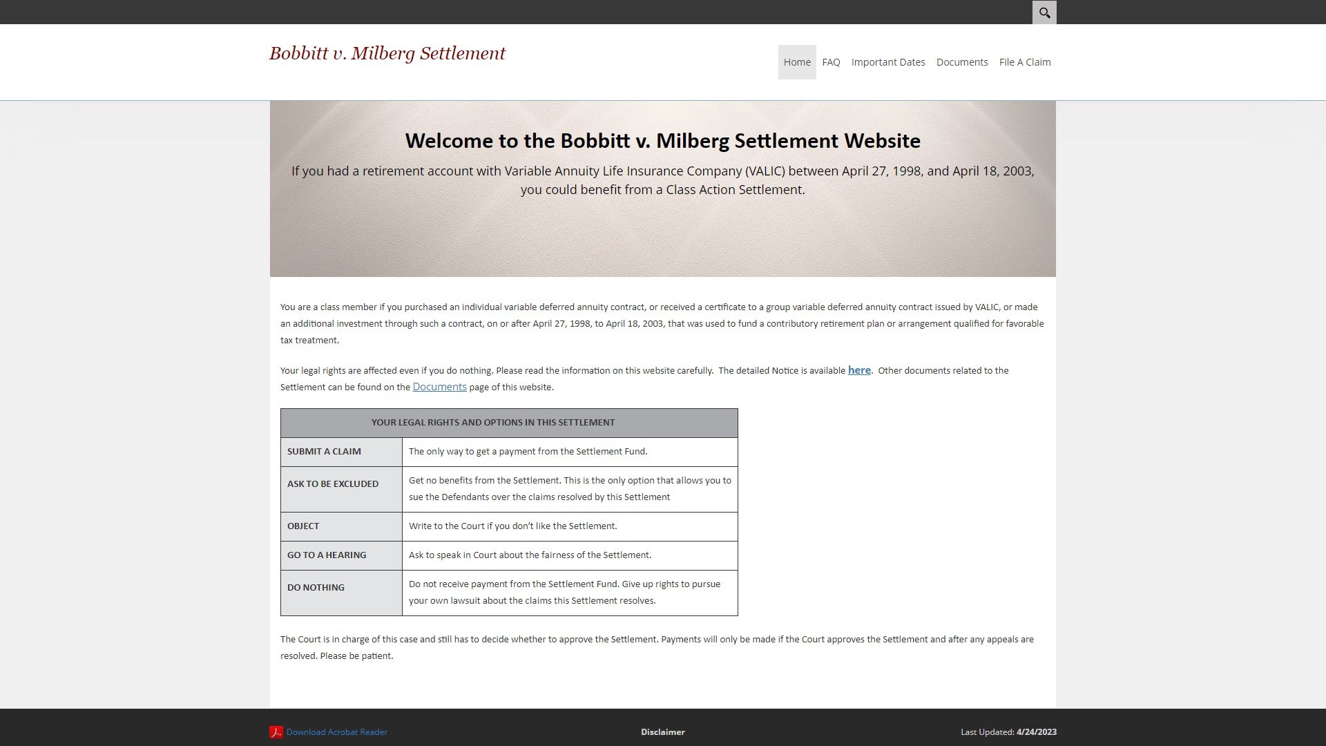 Bobbitt Settlement Administrator Valic Class Action Lawsuit at www.bobbittsettlement.com