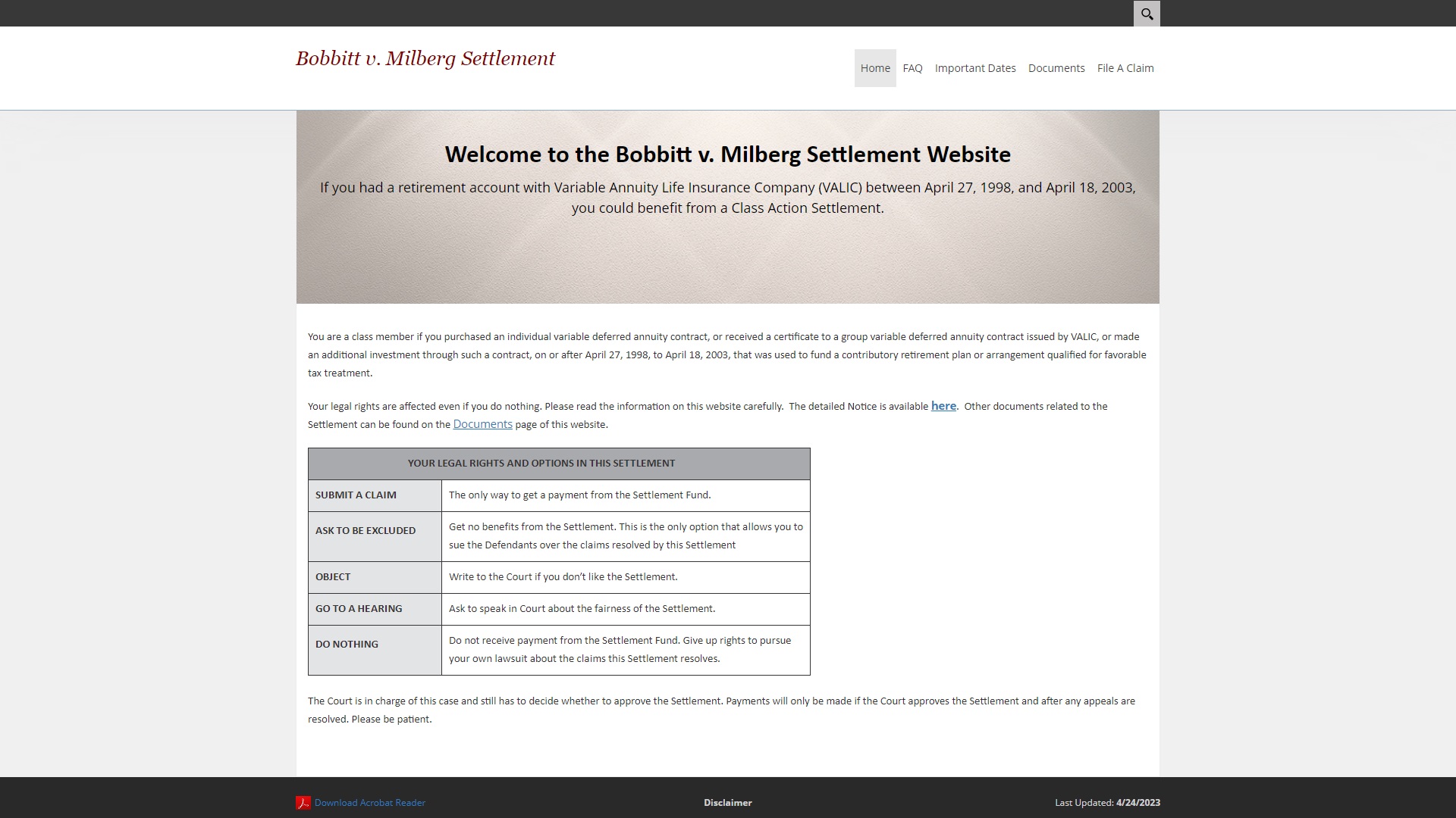 Bobbitt Settlement Administrator Valic Class Action Lawsuit at www.bobbittsettlement.com