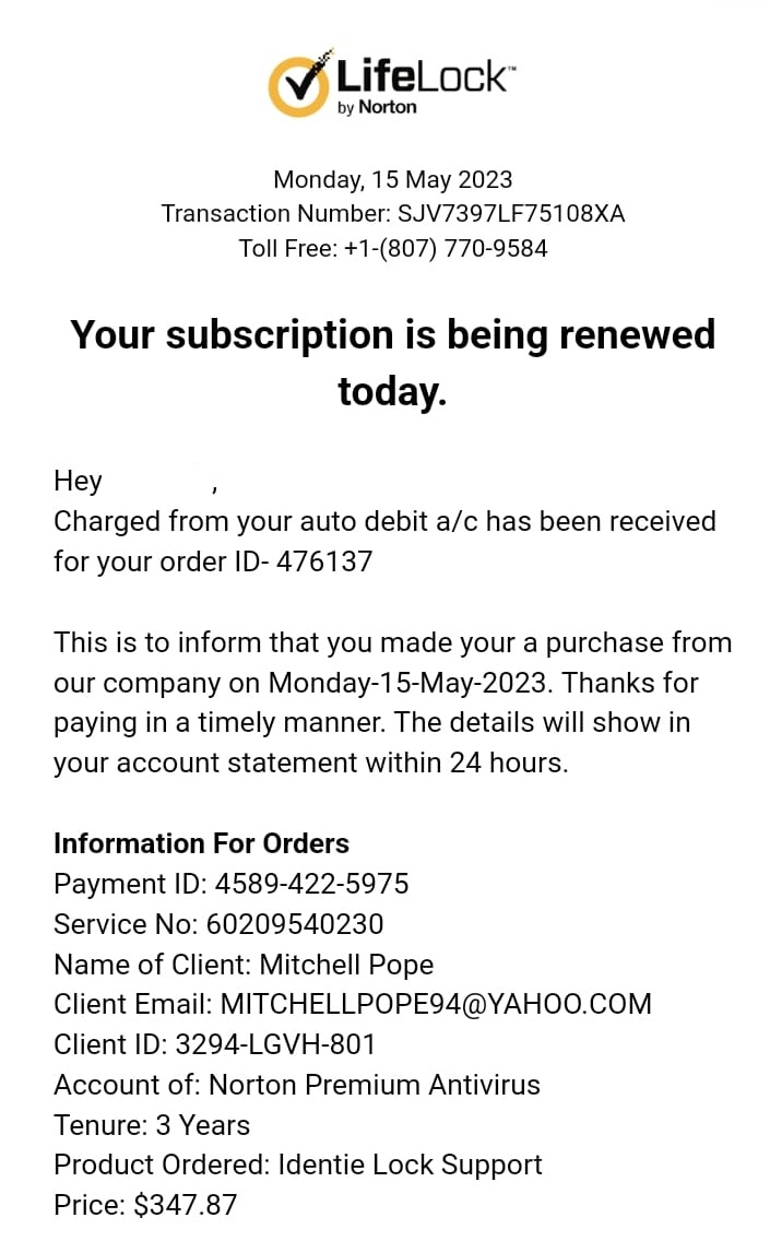 LifeLock Scam Email