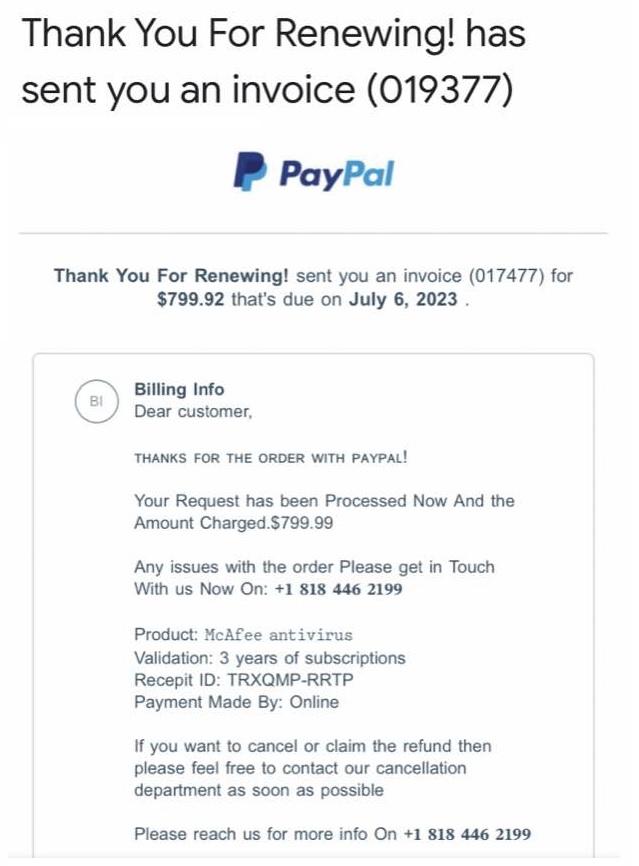 McAfee Scam Invoice