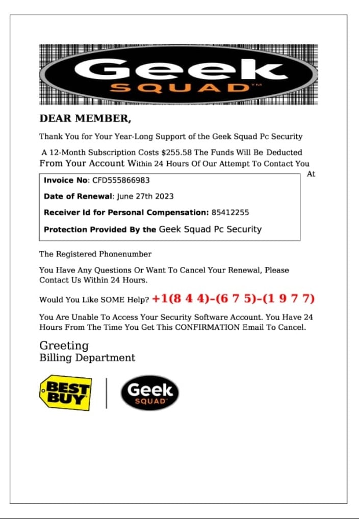 Geek Squad Scam Email Renewal Subscription