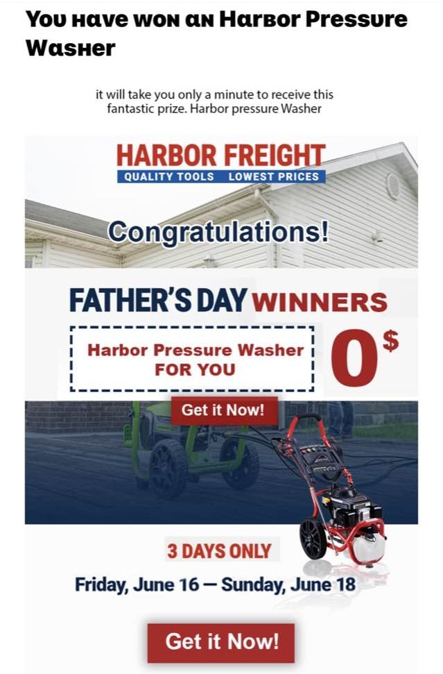 Harbor Freight Winner Scam