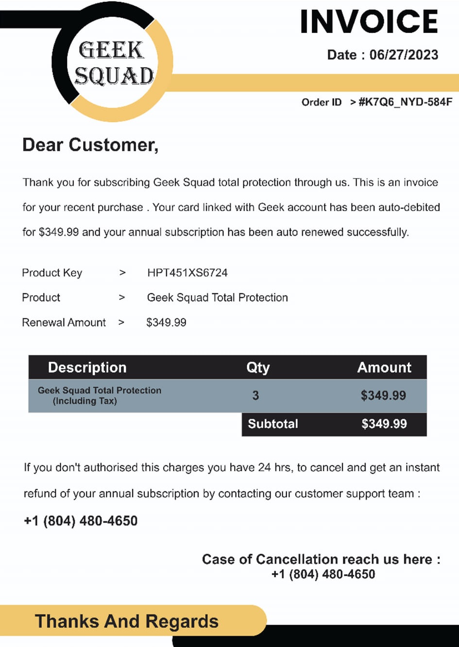 Best Buy Geek Squad Scam Email Total Protection Invoice
