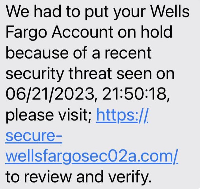 Wells Alert Scam Text Account On Hold or Locked