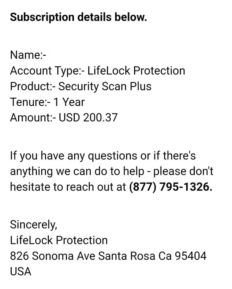 LifeLock Email Scam Protection and 877-795-1326