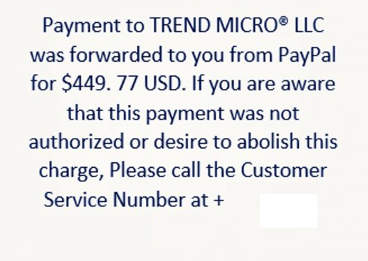 Trend Micro Premium Plan PayPal Scam Text