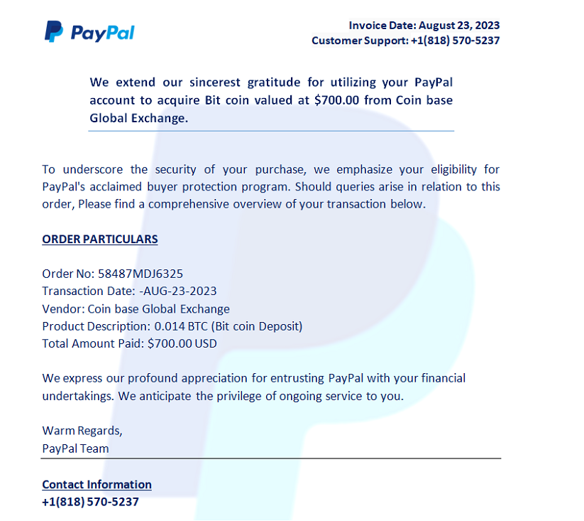 PayPal Bitcoin Scam Email about Coin base Global Exchange Purchase