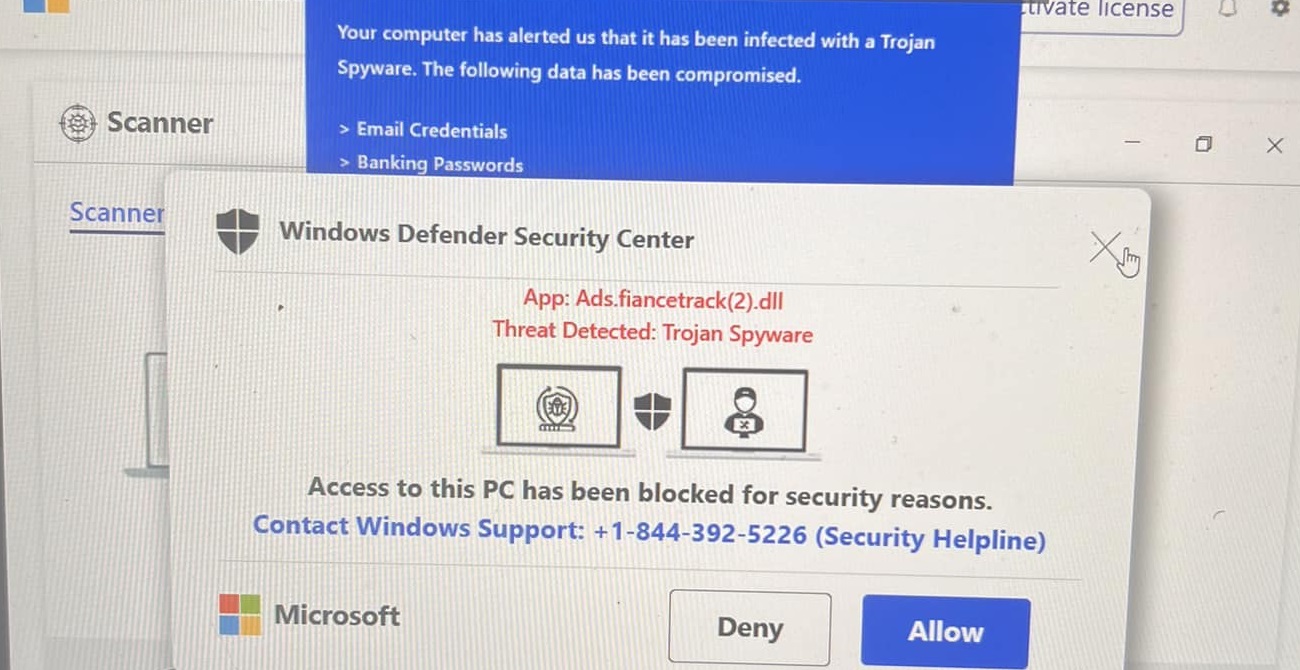 Windows Defender Scam Threat Detection Popup Message