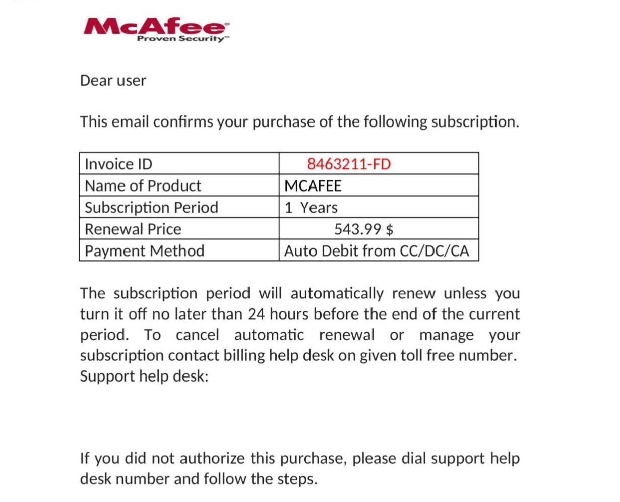 Mcafee Scam Email Invoice Subscription Renewal