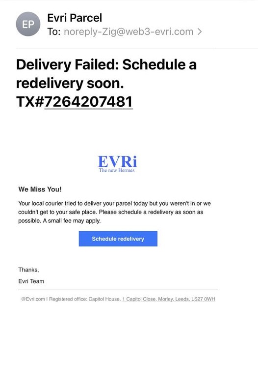 Evri Missed Delivery Email Scam