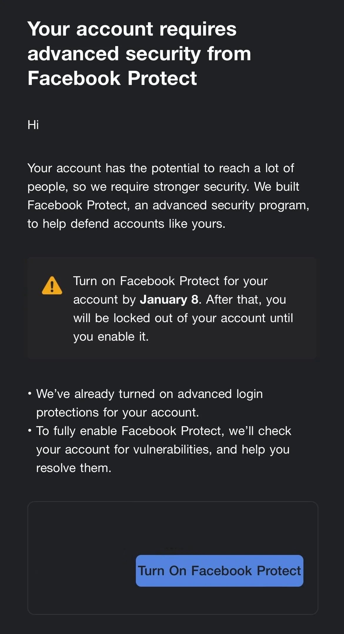 Facebook Protect Scam Email