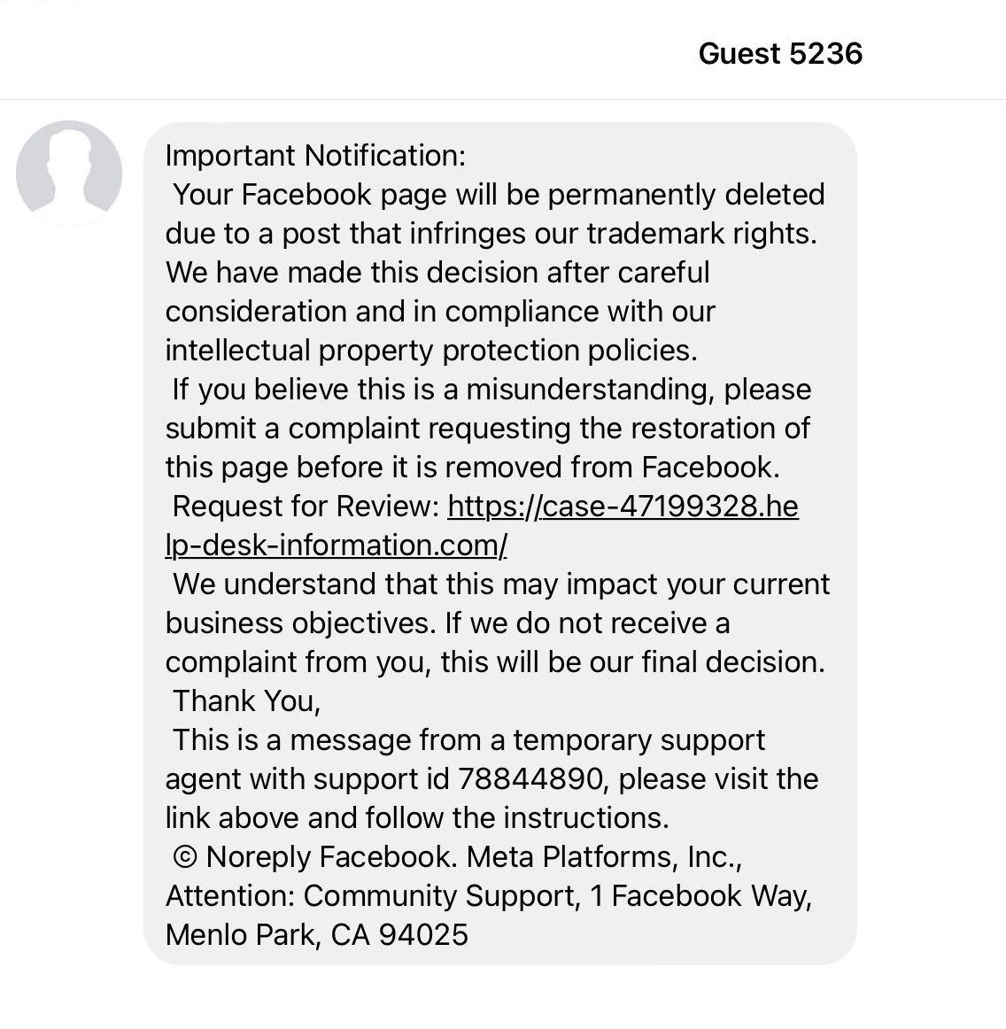 facebook page permanently deleted message scam, facebook page being deleted scam, meta business support, help-desk-information