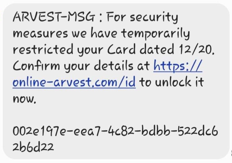 Arvest Alert Scam Text