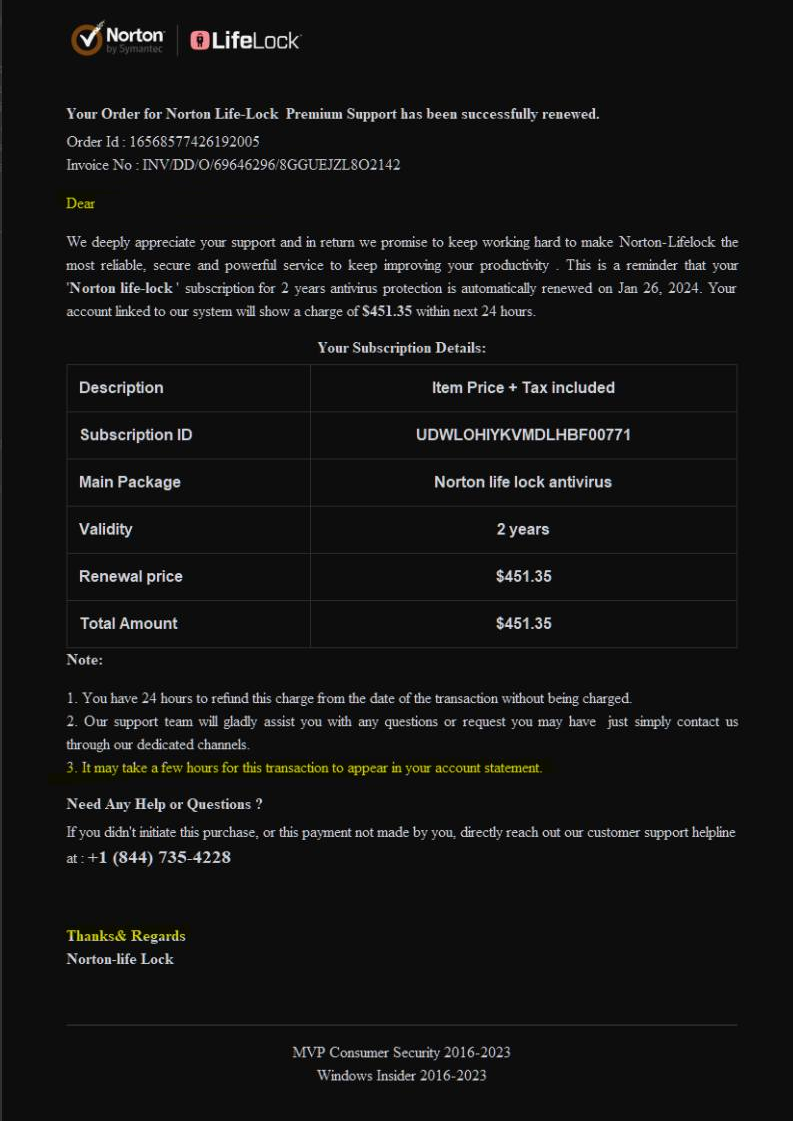 Norton Lifelock Scam Email