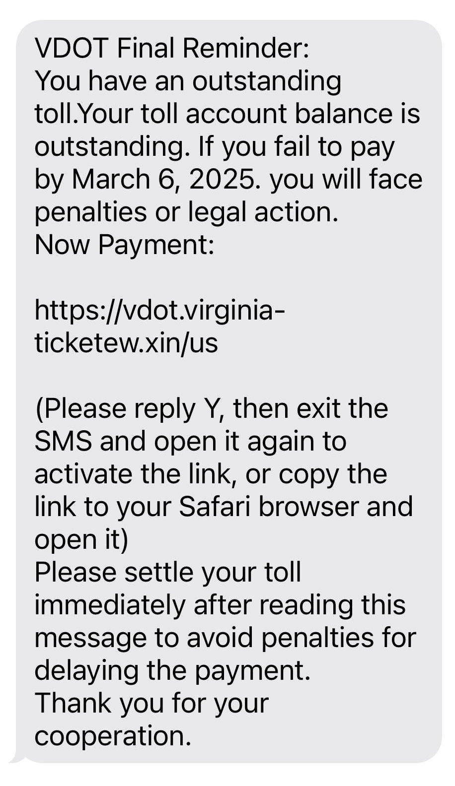 VDOT Text Scam