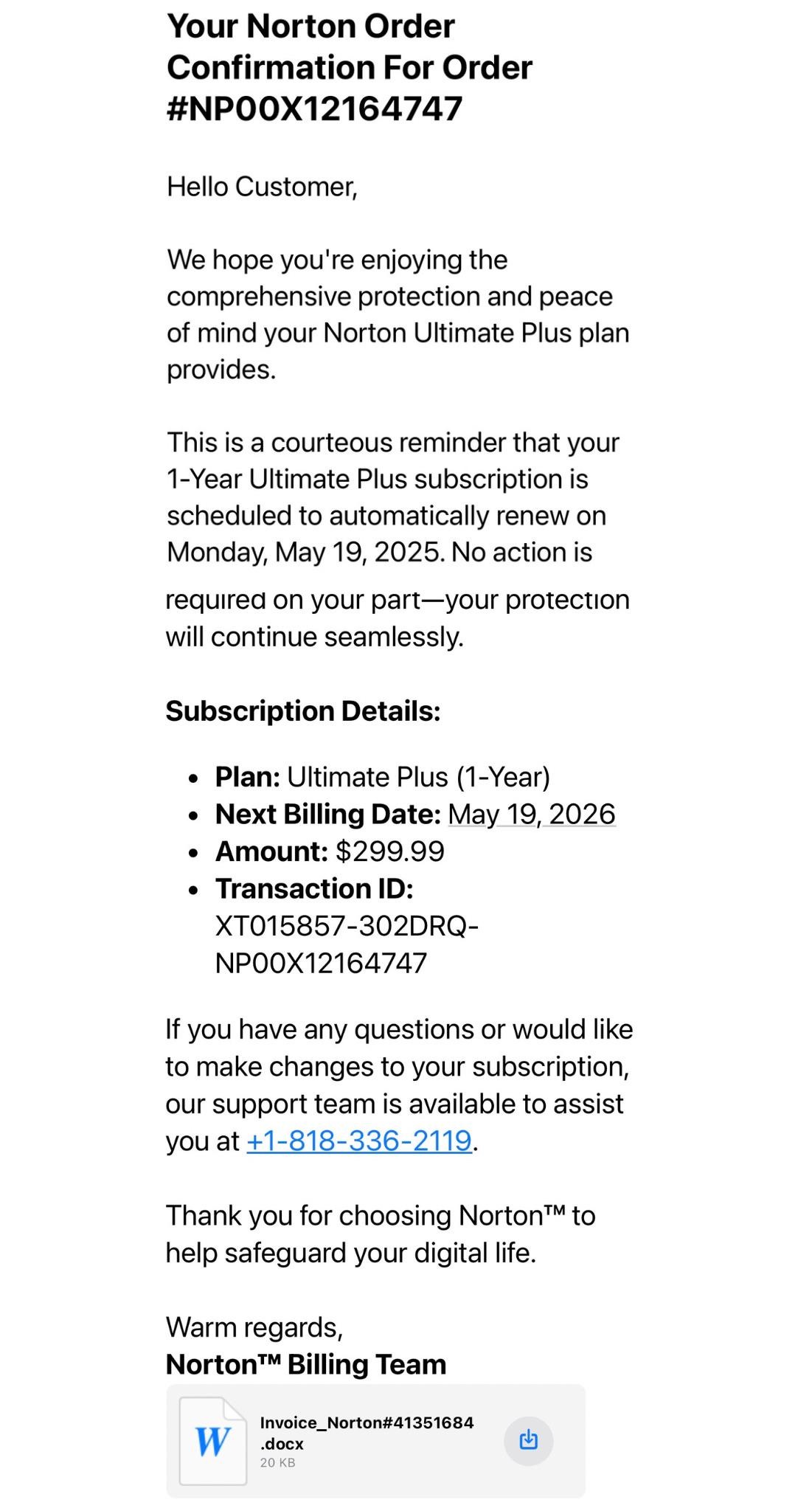Norton Ultimate Plus Subscription Scam Email - 1-818-336-2119