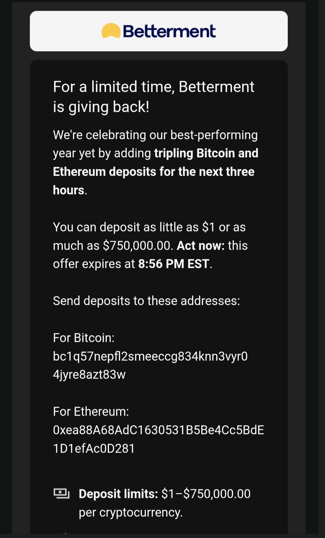 Betterment Scam Message