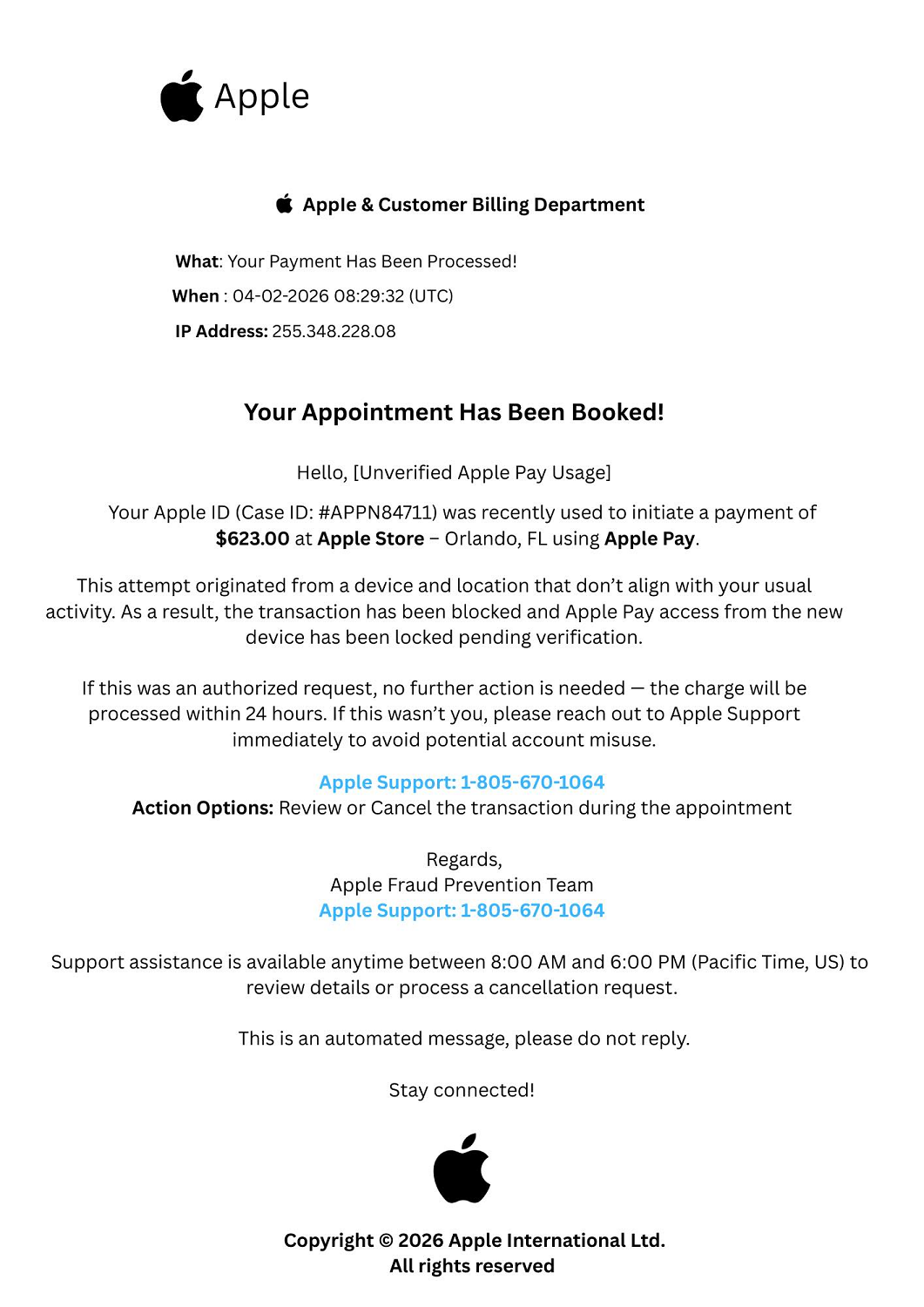 Apple Fraud Prevention Email Scam